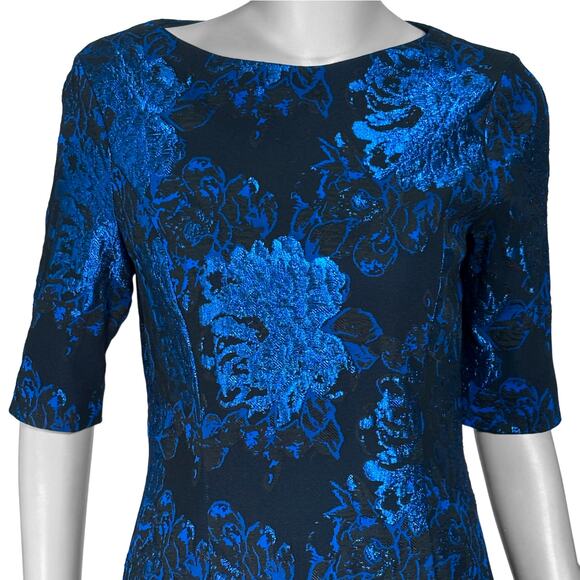 Teri Jon Metallic Jacquard Cocktail Dress, Fit & Flare, Floral, Half Sleeve | 8 - Picture 4 of 11